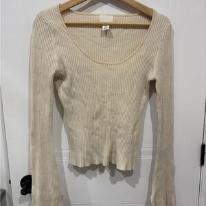 H&M Ribbed Scoop-Neck Long Sleeve Top in Cream